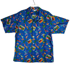 Tiki Hawaiian Shirt – VTG Novelty Surf Postcard Cars | USA Camp Collar Men's XL